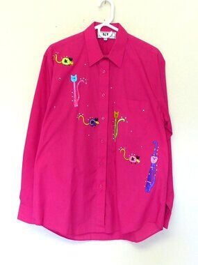 1990s Vintage KL Collection fuchsia cat mouse patch rhinestone shirt size large